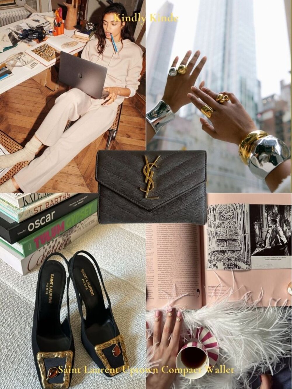 YSL Uptown Compact Wallet Grey Grained Leather